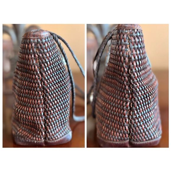 BRIGHTON - Vtg Two-Tone Brown Woven Leather Shoulder Bag/Croc-Embossed Closure - Picture 5 of 16
